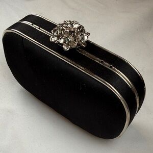 Lulu Townsend Black Satin Evening Clutch with Rhinestone Floral Clasp